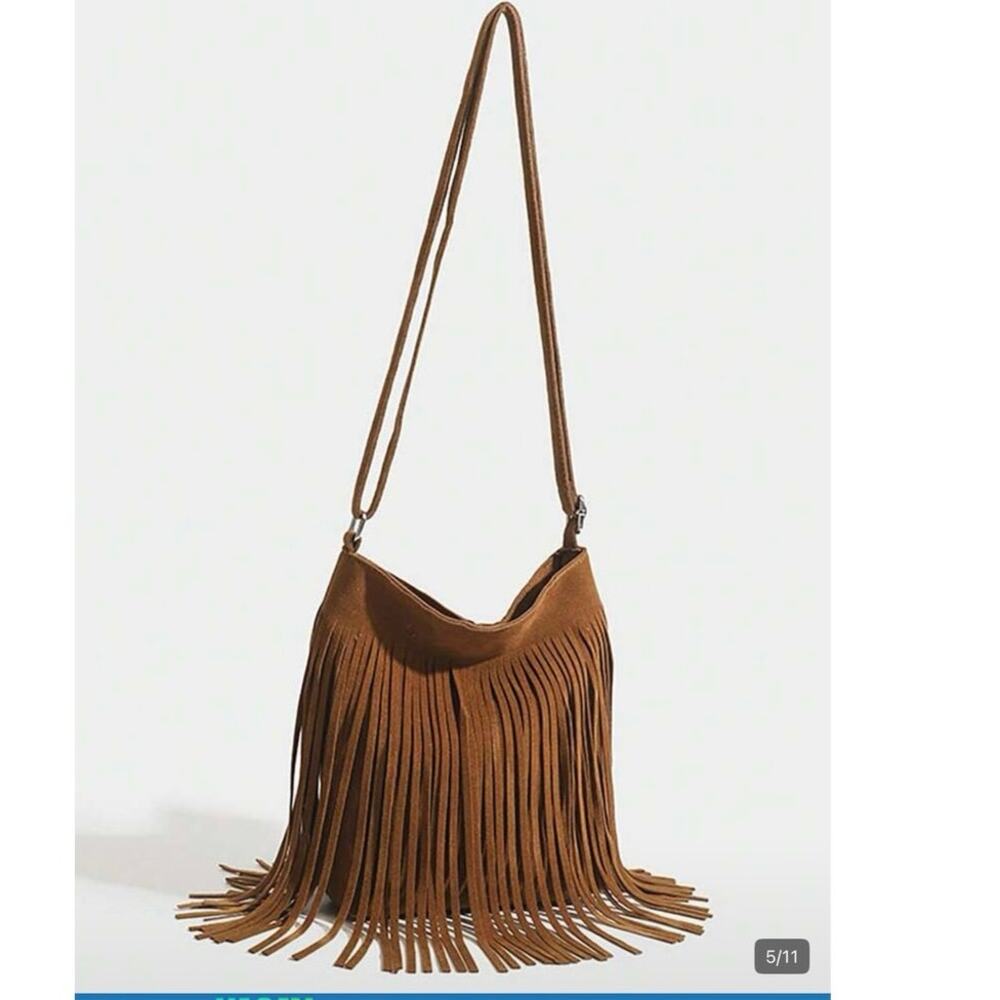 Boho Fringe Small Crossbody Bag Cognac Brown Concert Festival Western Purse NWT - Picture 3 of 10